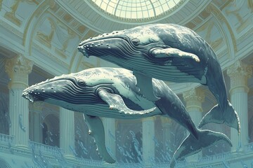 Wall Mural - Humpback whale Animals Presidential Ballroom Dance Extravaganza adorned in elegant attire, engage in a formal dance, celebrating with style and grace, cartoon