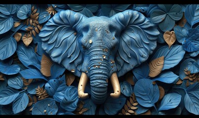 an_elephant_design_arranged_in_blue_leaves