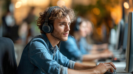 Wall Mural - Man Wearing Headphones Sitting in Front of a Computer