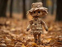 A Straw Doll Walker Is In The Forest With Fallen Leaves
