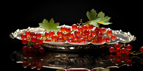 Fresh red currant with water drops in metal bowl. Healthy food on dark table mock up. Delicious, sweet, juicy and ripe berry background with copy space for text. 