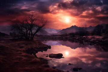 Wall Mural - Fantasy landscape with a lake and mountains in the background at sunset or on a full moon