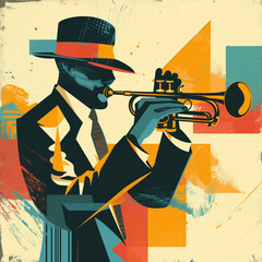 Wall Mural - Afro-American male jazz musician trumpeter playing a brass trumpet in an abstract cubist style painting for a poster or flyer, stock illustration image 