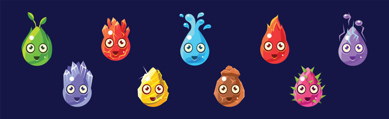 Poster - Funny Bright Drop Shape Character with Face Vector Set