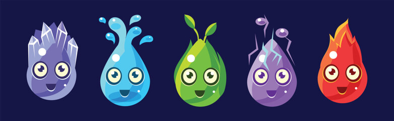 Poster - Funny Bright Drop Shape Character with Face Vector Set