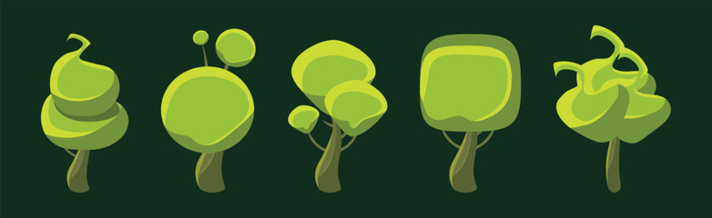 Poster - green fantasy forest tree with trunk and shaped crown vector set