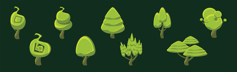 Poster - green fantasy forest tree with trunk and shaped crown vector set