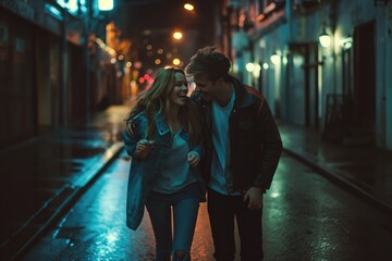 Young Caucasian heterosexual couple is having fun on an empty street at night. 