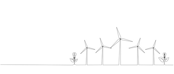 Wall Mural - Eco-energy, energy from windmills, wind power plant. Building up ecological energy, increasing environmental friendliness concept in simple linear style of one line. Vector
