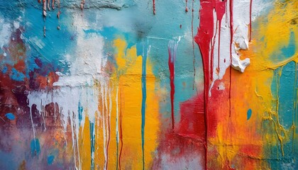 Canvas Print - Messy paint strokes and smudges on an old painted wall background. Abstract wall surface with part of graffiti. Colorful drips, flows, streaks of paint and paint sprays