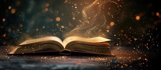 Generative AI, open antique book on the table with magic lights, glitter blurred overlay, dark background	
