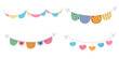 Flag garland bunting heart, star birthday party flat set. Anniversary, celebration party hanging flags cartoon collection. Buntings pennants, festival decoration. 
