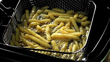 Sticker - French fries are deep-fried in oil. Filmed on a high-speed camera at 1000 fps. High quality FullHD footage