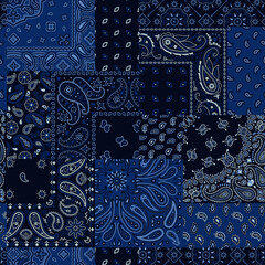 Wall Mural - blue bandana kerchief paisley fabric patchwork abstract vector seamless pattern for scarf kerchief s