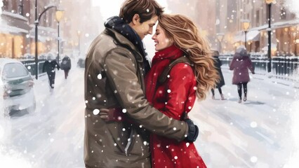 Wall Mural - A young cheerful couple having a walk, dressed warm, looking at each other and laughing, snowflakes all around. Enjoying Christmas Market.ai generated. valentine love woman and man winter png like