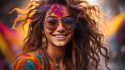 Wall Mural - Portrait of young Indian face in paint Woman in traditional indian pink outfit with jeweler celebrating Holi color festival.girl with black hair with bindi on the head and snow-white smile
