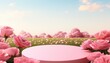 3d, Podium background flower rose product pink 3d spring beauty stand display. Garden rose floral  podium cosmetic valentine easter field scene purple day