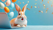 © Naji - Happy excited Surprised bunny with falling colorful confetti popper, easter eggs, and a laptop, Cute Rabbit on pastel turquoise background.