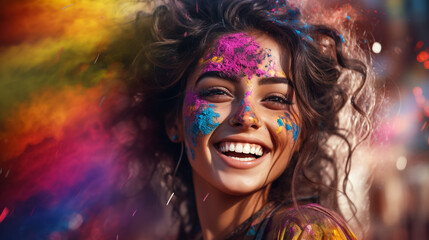 Wall Mural - A portrait of a beautiful Indian woman with a colored face during the festival of Holi, India