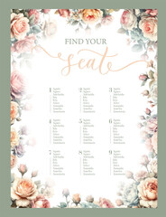 Wall Mural - Find your seat. Seating plan for guests with table numbers and watercolor garden roses.