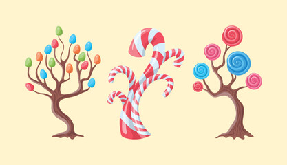 Poster - cartoon color fantasy candy trees set with spiral lollipops and sugar candies dessert concept flat d