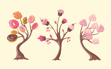 Poster - cartoon color fantasy candy trees set with donuts and cupcakes dessert concept flat design style. ve