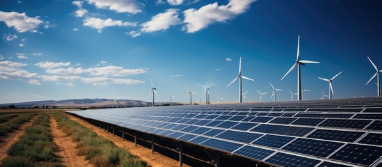 Wall Mural - Solar panel wind turbines are installed as an energy source for electricity supply. under a sunny day