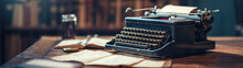 Vintage Old Aged Black Typewriter On A Table, Old Letters, And Inkwell,