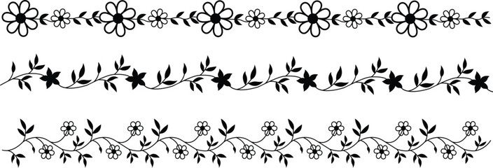 Floral wedding dividers, borders and delimiters, flourish vignettes and separators, vector line frames. Wedding marriage invitation card or RSVP engagement design elements of flourish black icon set.