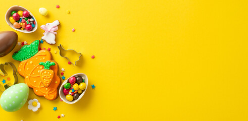 Easter baking scene at confectionery store. Top view of a table featuring kitchen essentials, surrounded by whimsical gingerbreads, chocolate eggs, candies. Lively yellow backdrop with space for text