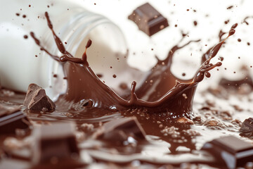 Wall Mural - chocolate and milk splash. A splash of chocolate on a white background. Liquid chocolate crown splash. In a liquid chocolate pool. Chocolate and milk textured tasty background splashes