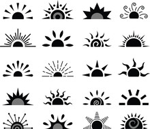 Black Sun Flat Icon Set, Sunshine And Solar Glow Sunrise Or Sunset. Decorative Half Sun And Sunlight. Hot Solar Energy For Tan. Vector Isolated On Transparent Background. Hand Drawn Symbol.