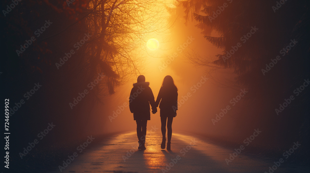 Silhouette of a young couple holding hands on the road through the ...