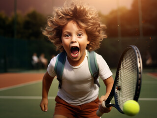 Surprised boy catches tennis ball on tennis court.