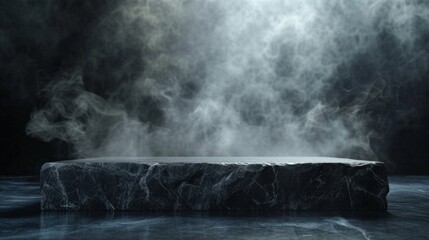 black stone podium on a dark background with smoke