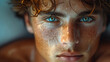 Closeup stunning handsome athletic summer sexy surfer model man with hazel blue eyes and brown hair looking posing on the beach