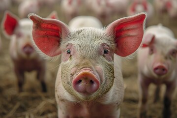 Fattening pigs on a large commercial breeding pig are looking at the cameras in pig farm