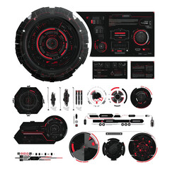 Poster - Futuristic User Interface, frame screens, Callouts titles, FUI circle set, Loading bars, Lines and Arrows in HUD style