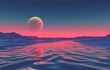 3D illustration of the full moon over the sea and mountains.