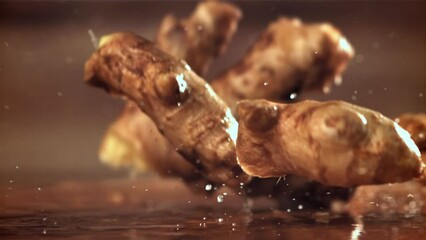 Poster - Fresh ginger falls on the table. Filmed on a high-speed camera at 1000 fps. High quality FullHD footage