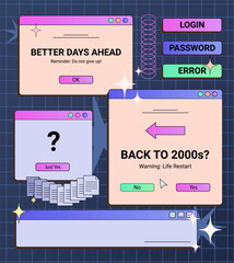 Poster - Y2K pc screens, windows, retro technology dialog messages, questions, templates, signs and symbols. Vector illustration.