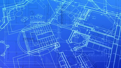 Wall Mural - Architecture design: blueprint plan - illustration of a plan modern residential building, technology, industry, business concept illustration: real estate, building, construction, architecture sketch