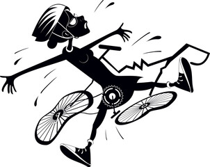 Wall Mural - Cyclist woman falling down from the bicycle. 
Cyclist woman laying under the broken bicycle. Black and white illustration
