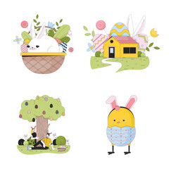 Poster - Easter-eggs festivities 2D linear illustrations concept set. Bunny basket, chicken Eastertime cartoon characters isolated on white. Eggs hunt metaphor abstract flat vector outline graphic collection