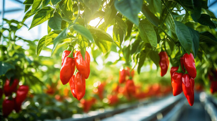 Wall Mural - ripe red hot pepper growing on a bush in a greenhouse. Organic agriculture concept. Generative AI