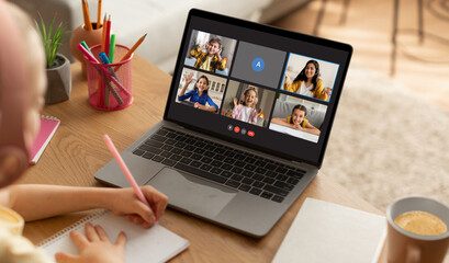 Poster - Little girl have online lesson, looking at laptop