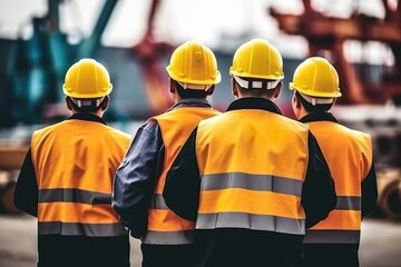 back view of construction engineers in uniform with protective helmet 