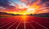 Fototapeta  - Empty Running Track in Stadium with Vibrant Sunset Sky, Inviting Atmosphere for Sports and Athletics