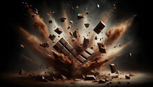 Explosion Of Chocolate Bars In The Center, With Chunks And Particles Of Chocolate Flying Outwards