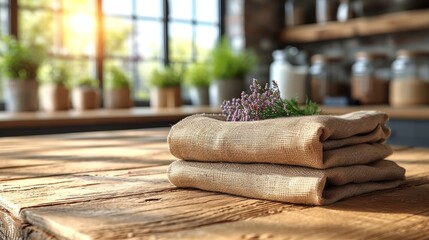 Poster - The blurred interior of the kitchen and napkins and a place for the deskto